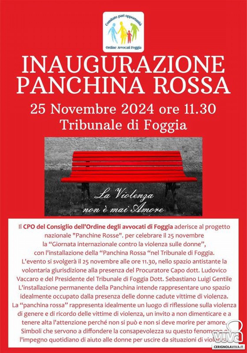 Locandina CPO Avvocati Foggia donazione ed inaugurazione della Panchina rossa presso il Tribunale di Foggia