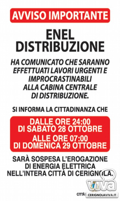 Cerignola: interruzione di energia elettrica in città dalle 24:00 di ... Sospensione fornitura elettrica